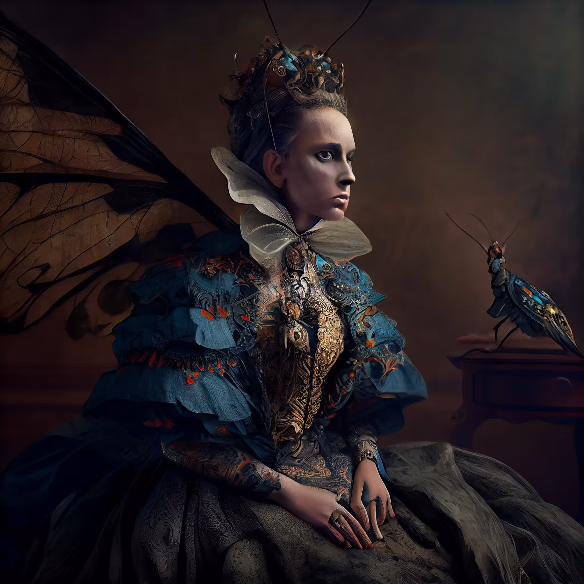 Portrait of a wealthy lady with a pet cockroach