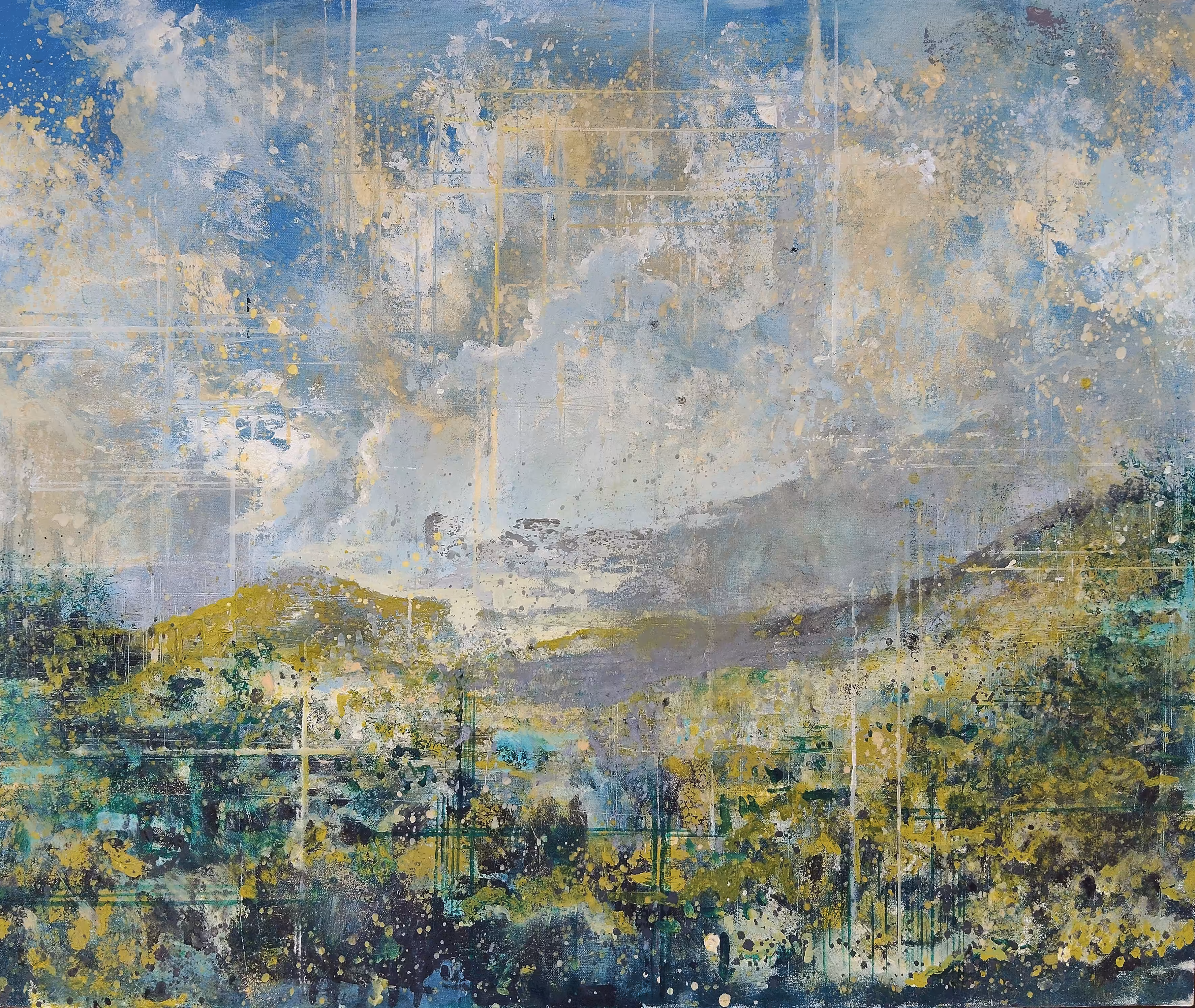 Pictorial composition in shades of blue, green, and ochre, with broad cloudy areas and atmospheric layering, evoking an expansive landscape with diffuse light and textured depth.