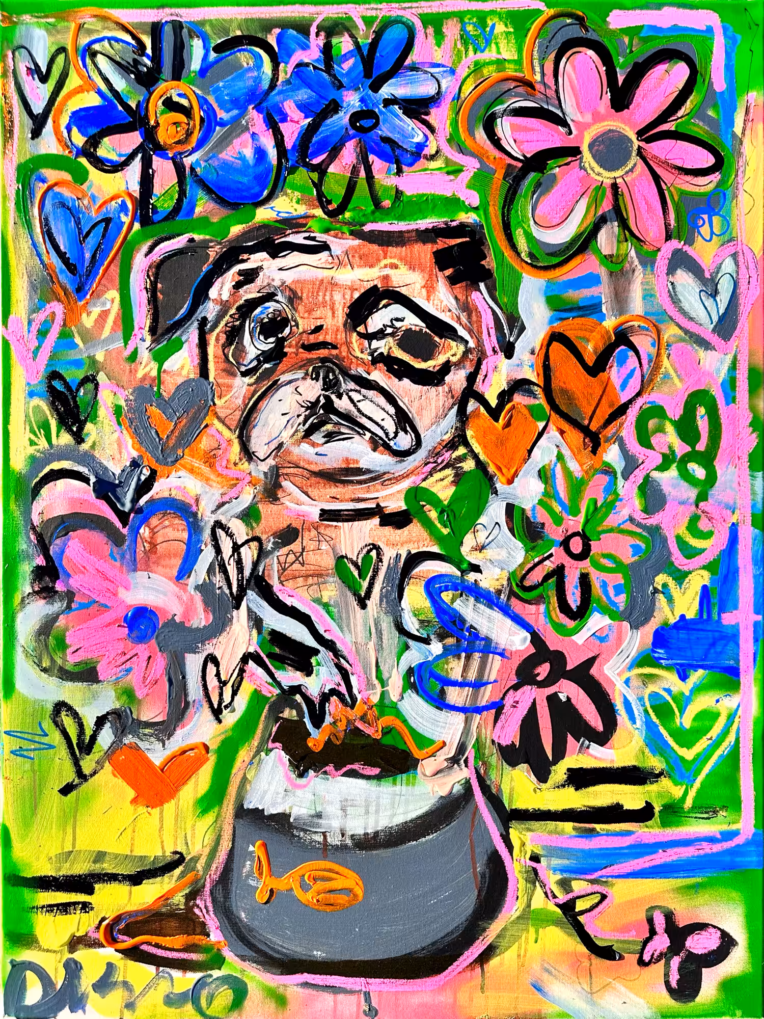 Pug tearing through flowers 