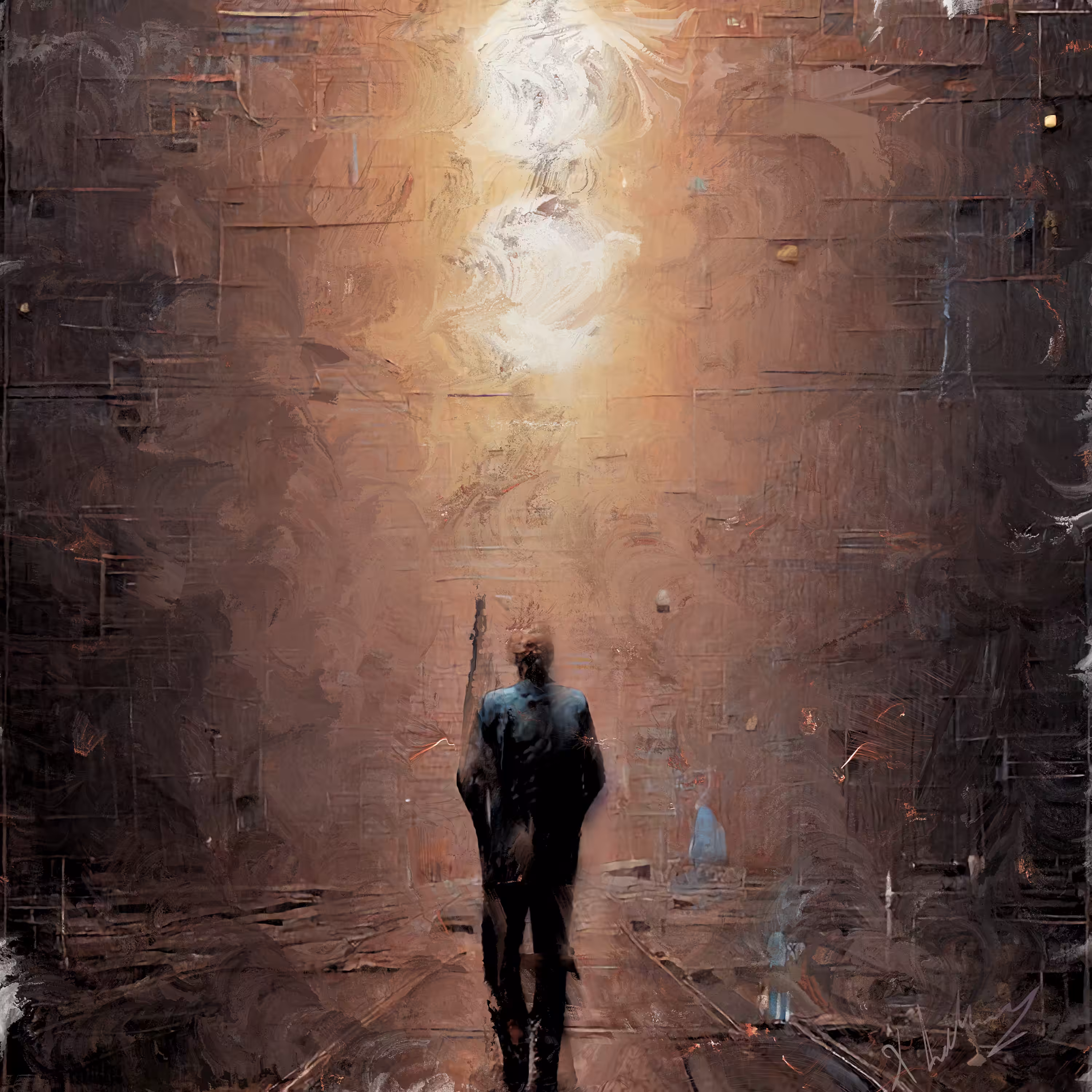 Year after year, minute after minute, he moves ahead, in a silent fog dimly lit by a dream, the seashore of a distand land, the sincere thought of a friend's smiley face, in art he is safe