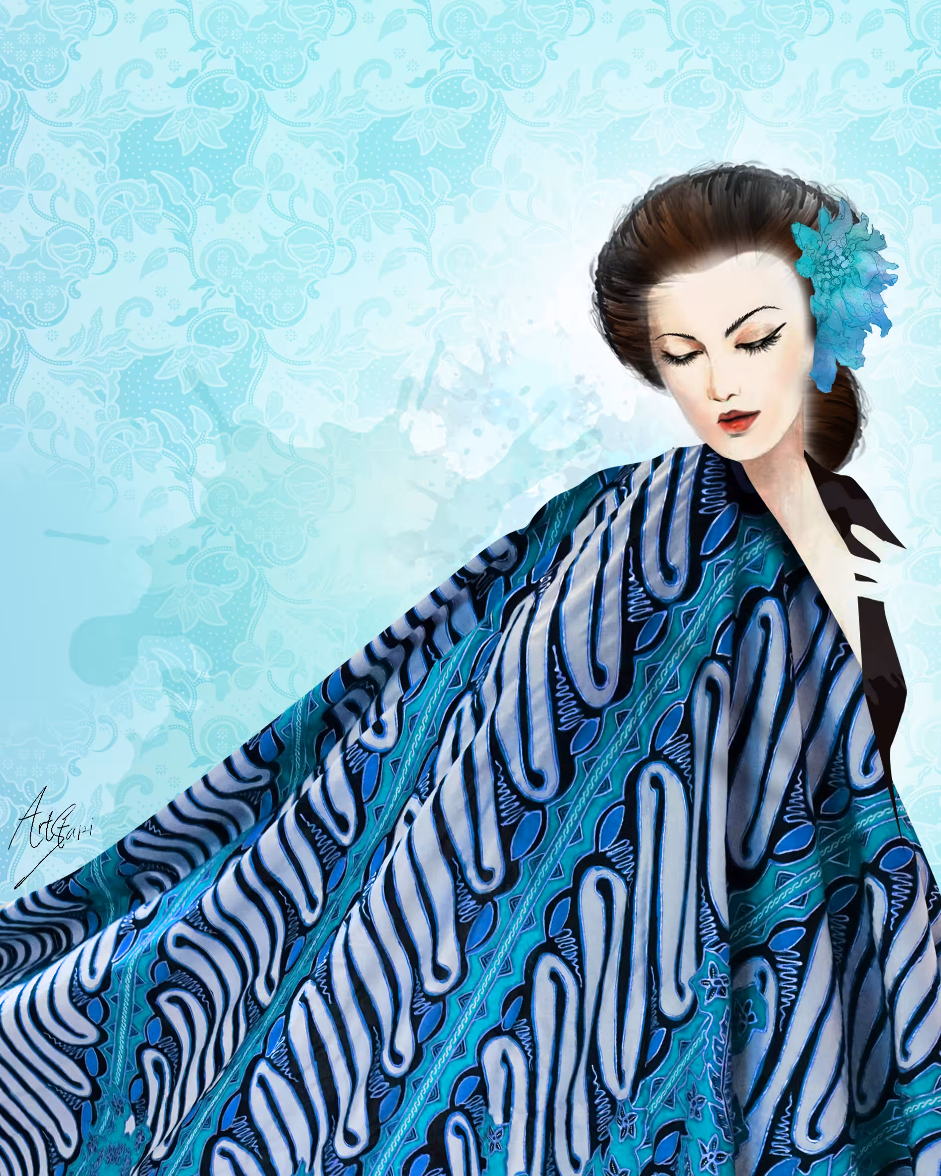 Javanese Lady Wearing Blue Batik Parang