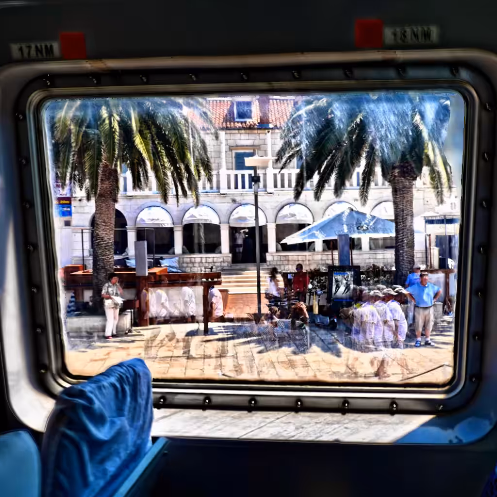 World outside the window of a ship