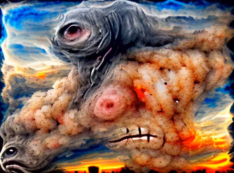 primitive creature stares into apocalyptic sky