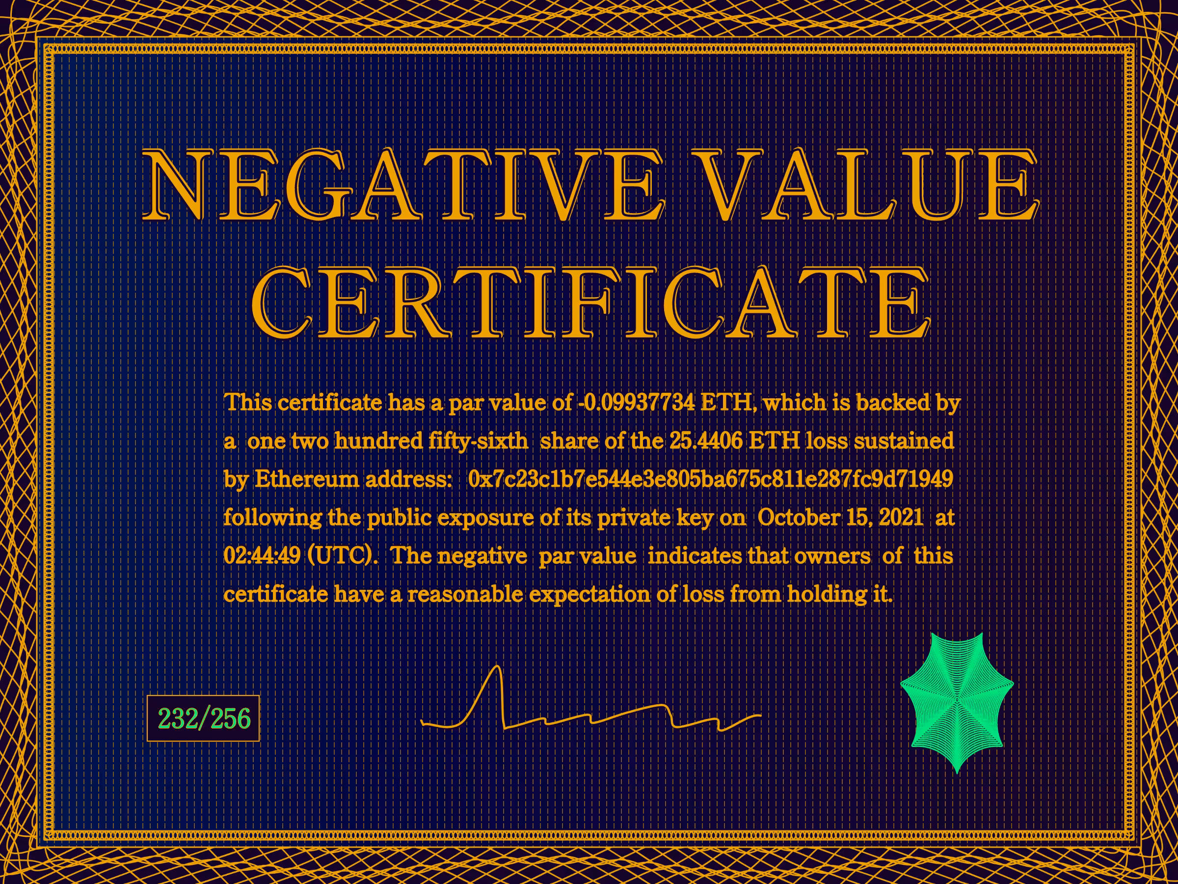 Negative Value Certificate #232 of 256