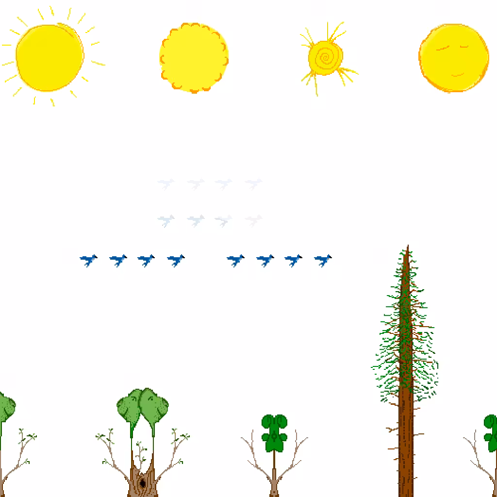 Four Suns, Four Symmetrees, Eight Scrub-Jays in Light, Eight Scrub-Jays in Mist, Single Coastal Redwood