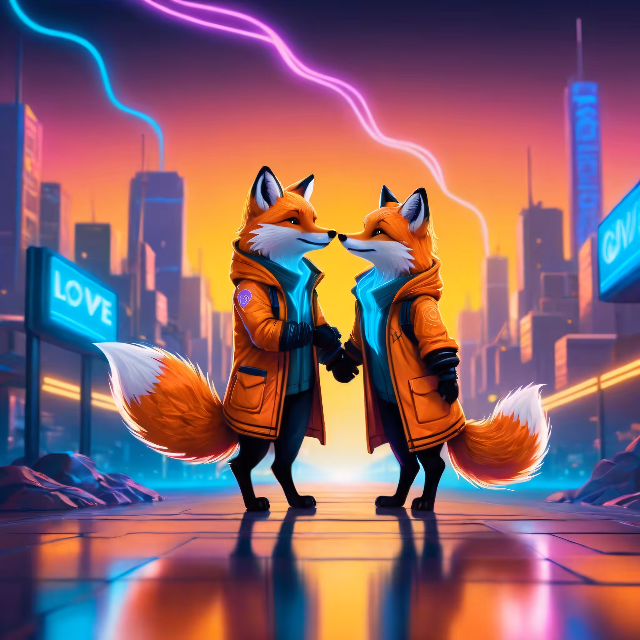 Neon Love: Twin Foxes Under the Cyber Sky