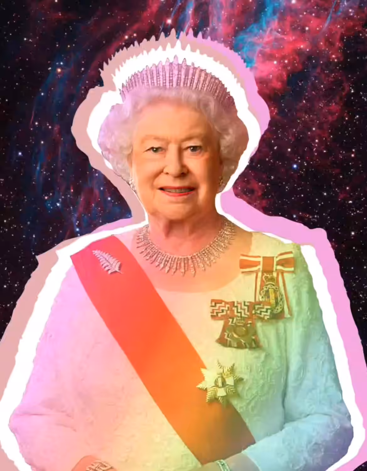 The Queen in space vintage rainbow collor emoticon face 