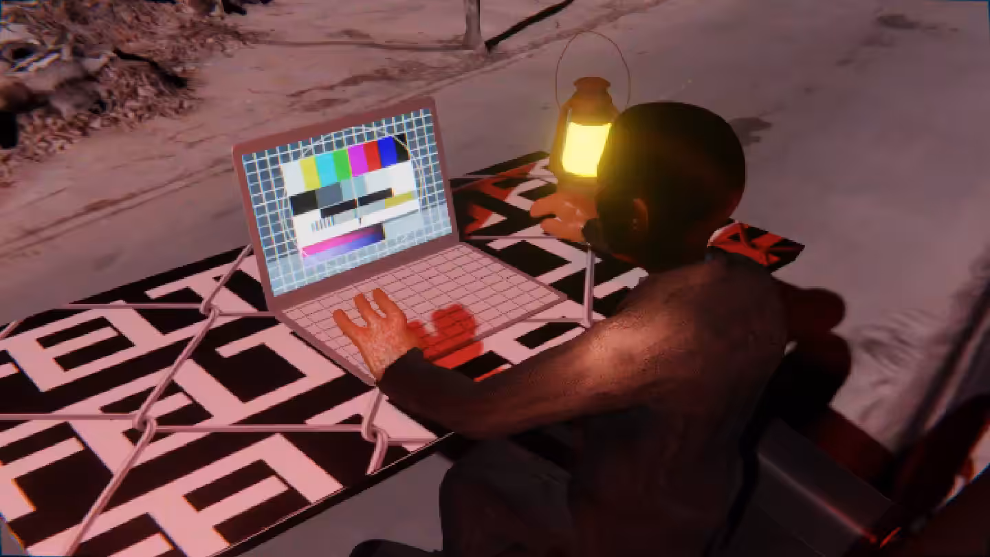 Desktop #143: The Business in the Eames Chair With a Gas Lamp and a Please Stand By Monitor on a Barbed Wire Table in Conflict