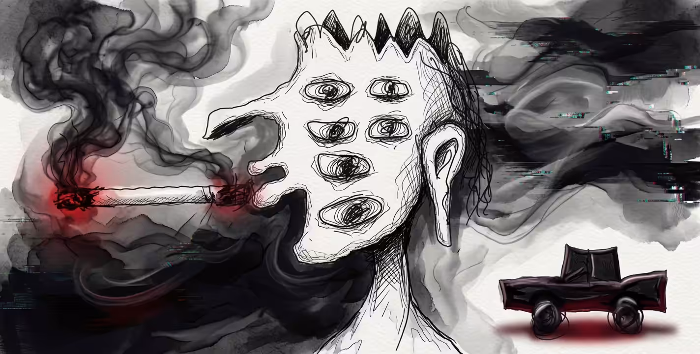 Burnt Eyes In the moment when the mind opens a thousand eyes and there is only one cigarette between the lips, reality melts away. This painting is a silent cry from within the contemporary generation