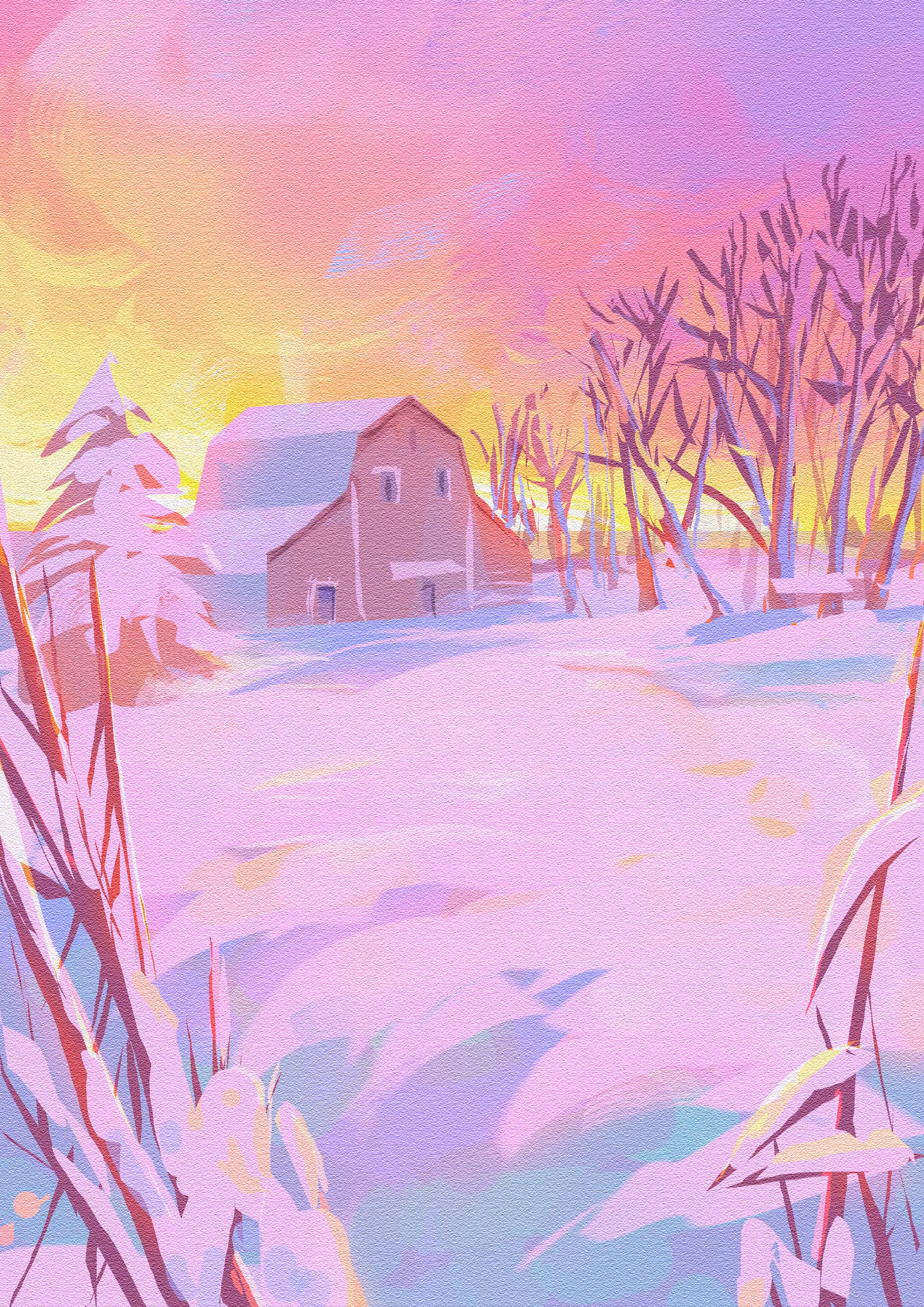 Pinkish snow at sunset