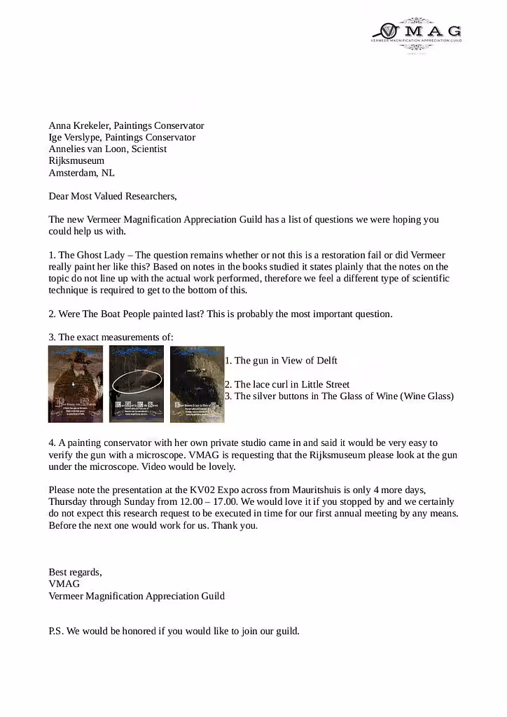 .23 VMAG LETTER TO MOST VALUED RESEARCHERS AT RIJKSMUSEUM. LLvD