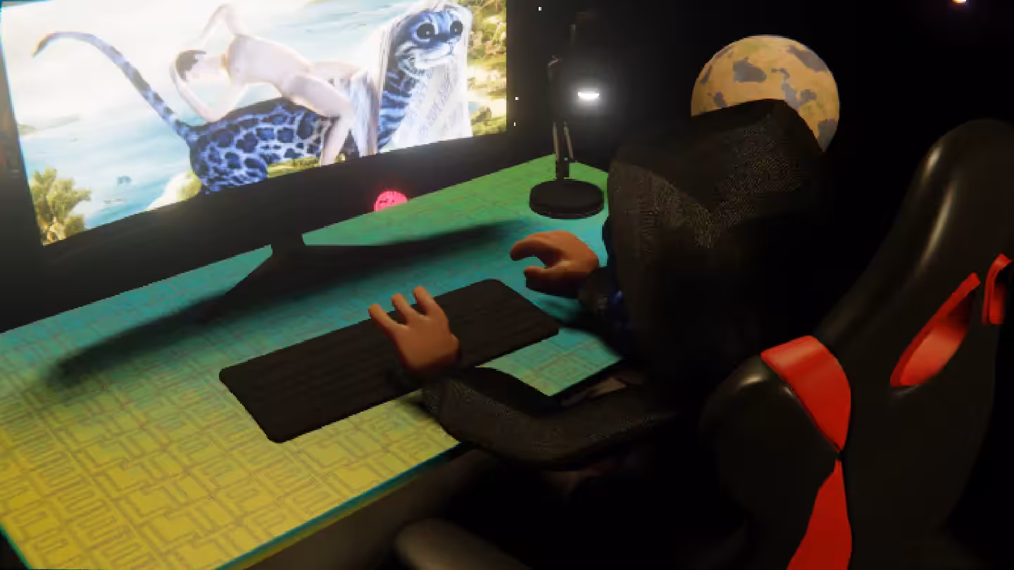 Desktop #39: The Hacker in the Gaming Chair With a Desk Lamp and a Kitty Monitor on a Green FELT Zine Table in Space