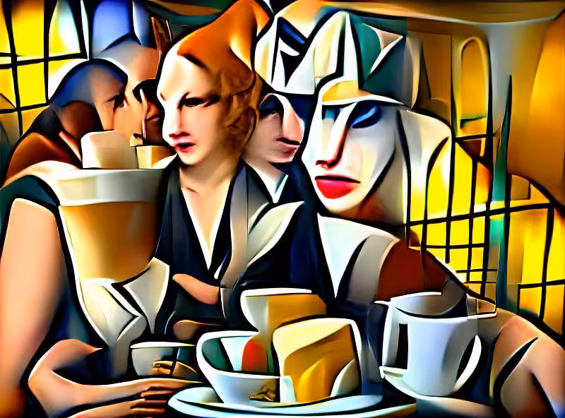 Abraham's First Works: Cafe scene in the style of Tamara de Lempicka
