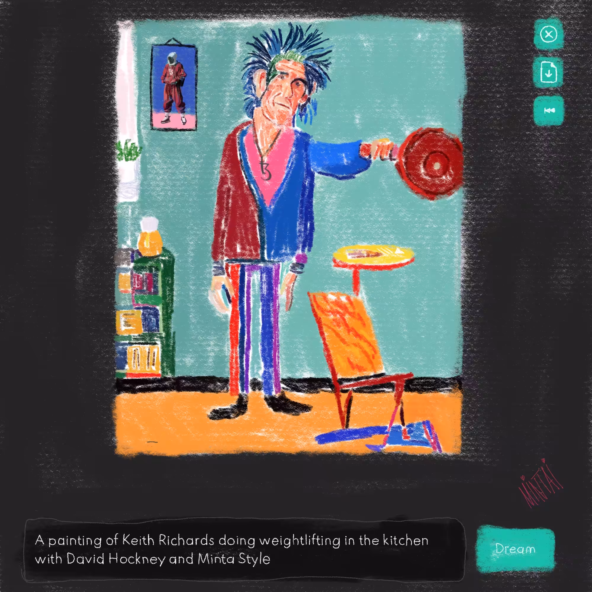 A painting of Keith Richards doing weightlifting in the kitchen with David Hockney and Minta style.