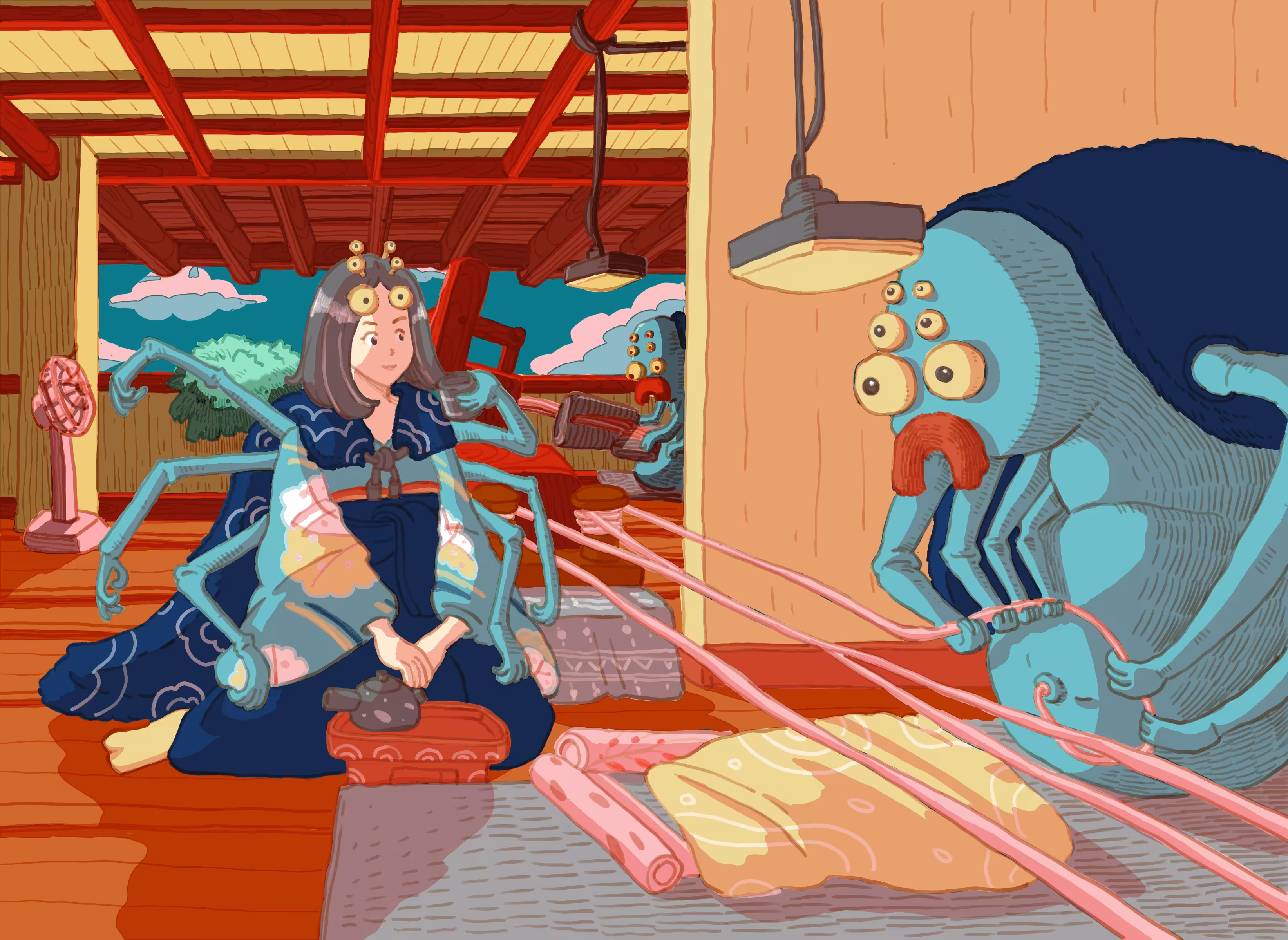 WHEN I WENT TO JAPAN ,I FOUND TSUCHIGUMO AND HER MINION IN HER TEXTILE MILL.