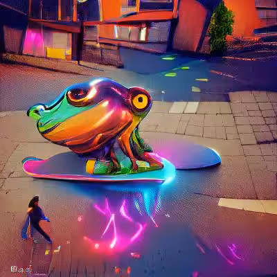 Neon Frog Skateboards Through City