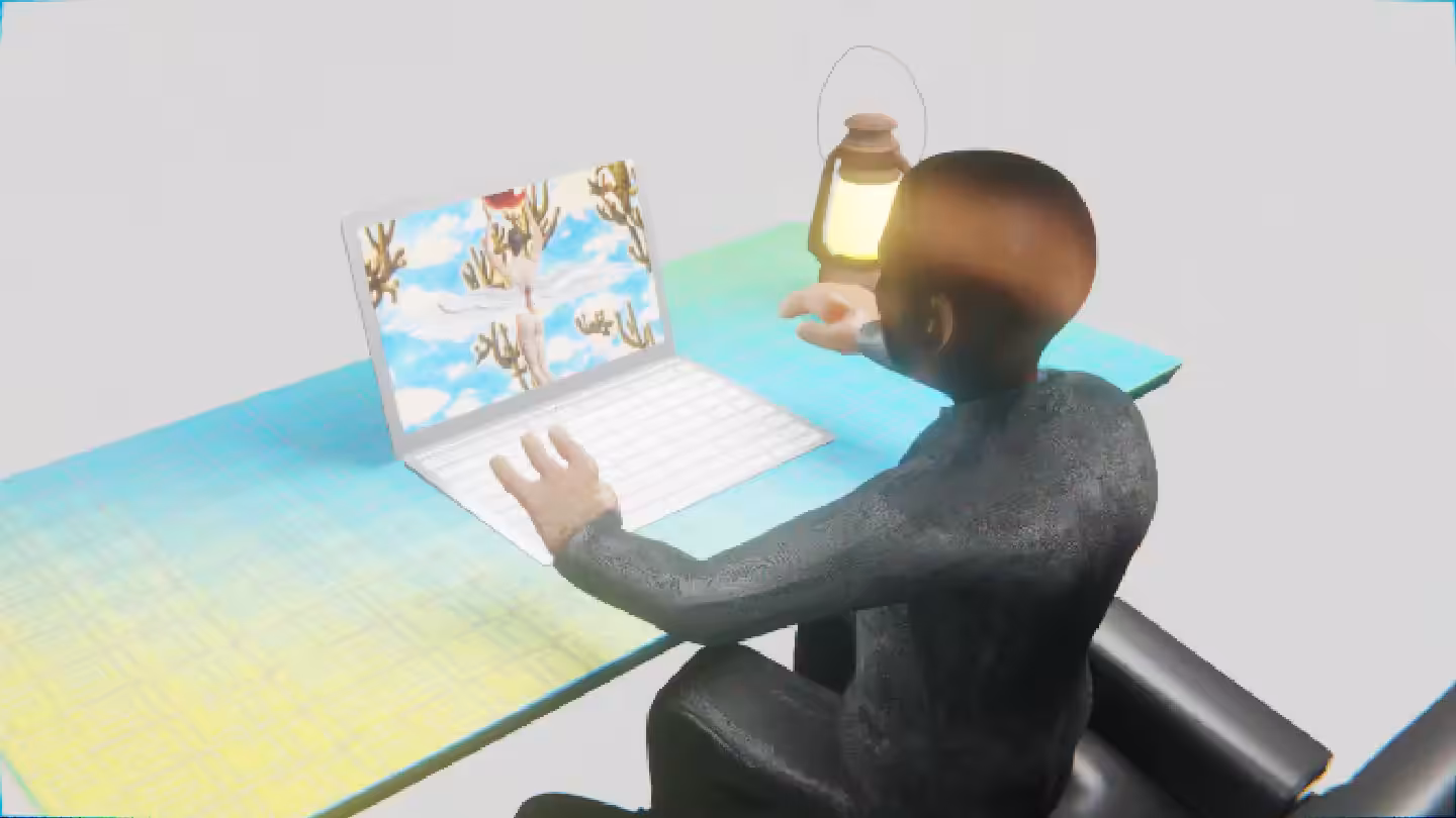 Desktop #130: The Business in the Eames Chair With a Gas Lamp and a Gardens Monitor on a Green FELT Zine Table in The Void