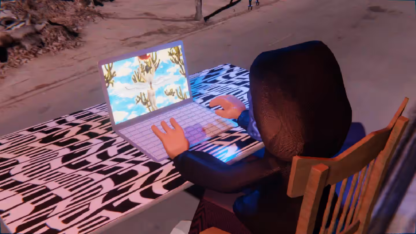 Desktop #293: The Hacker in the French Wood Chair With a Drone and a Gardens Monitor on a Pattern Table in Conflict