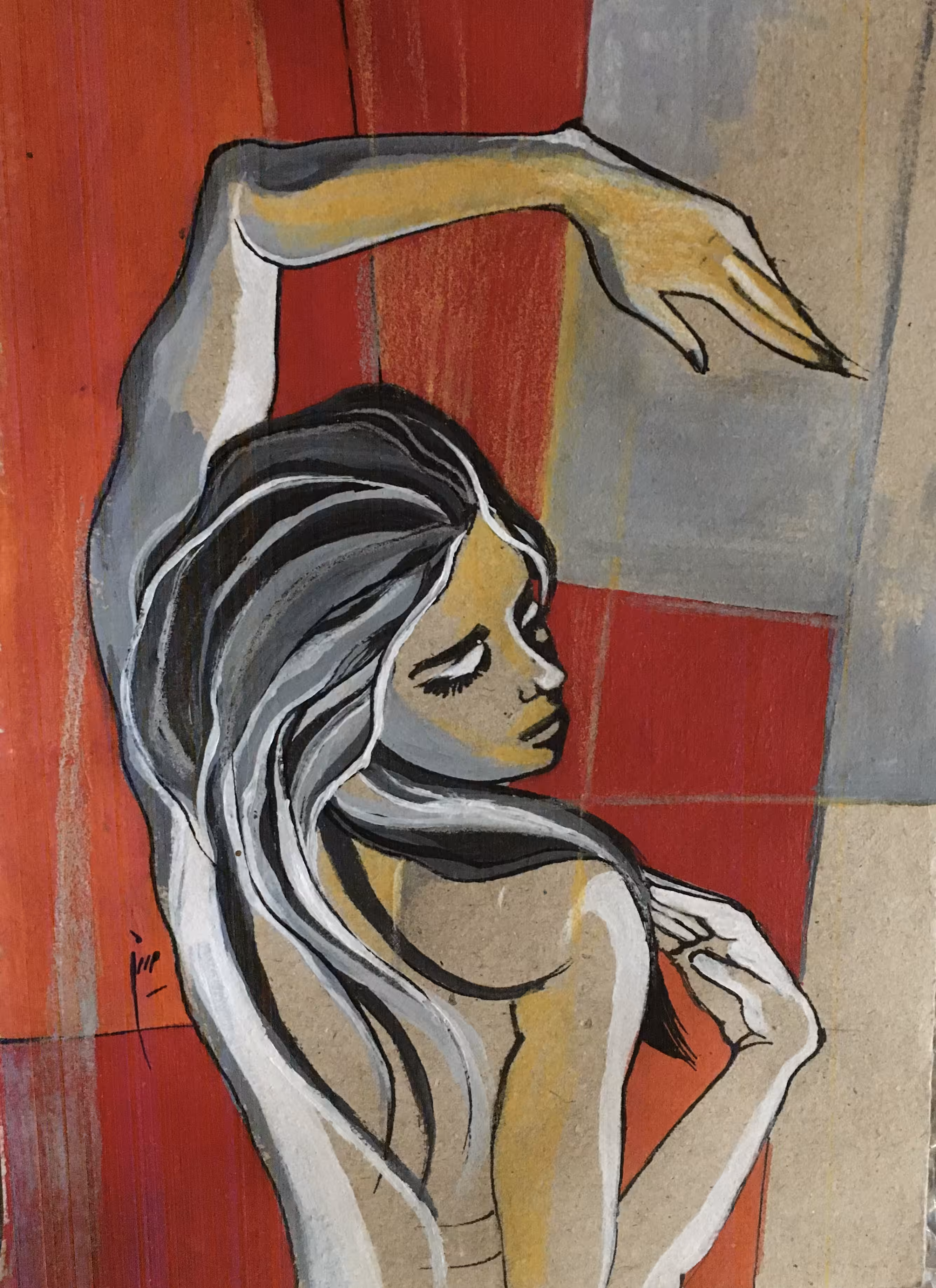 Dancing woman on red background 