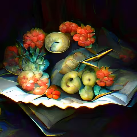 Artificial still life with fruits, flowers, and iPads