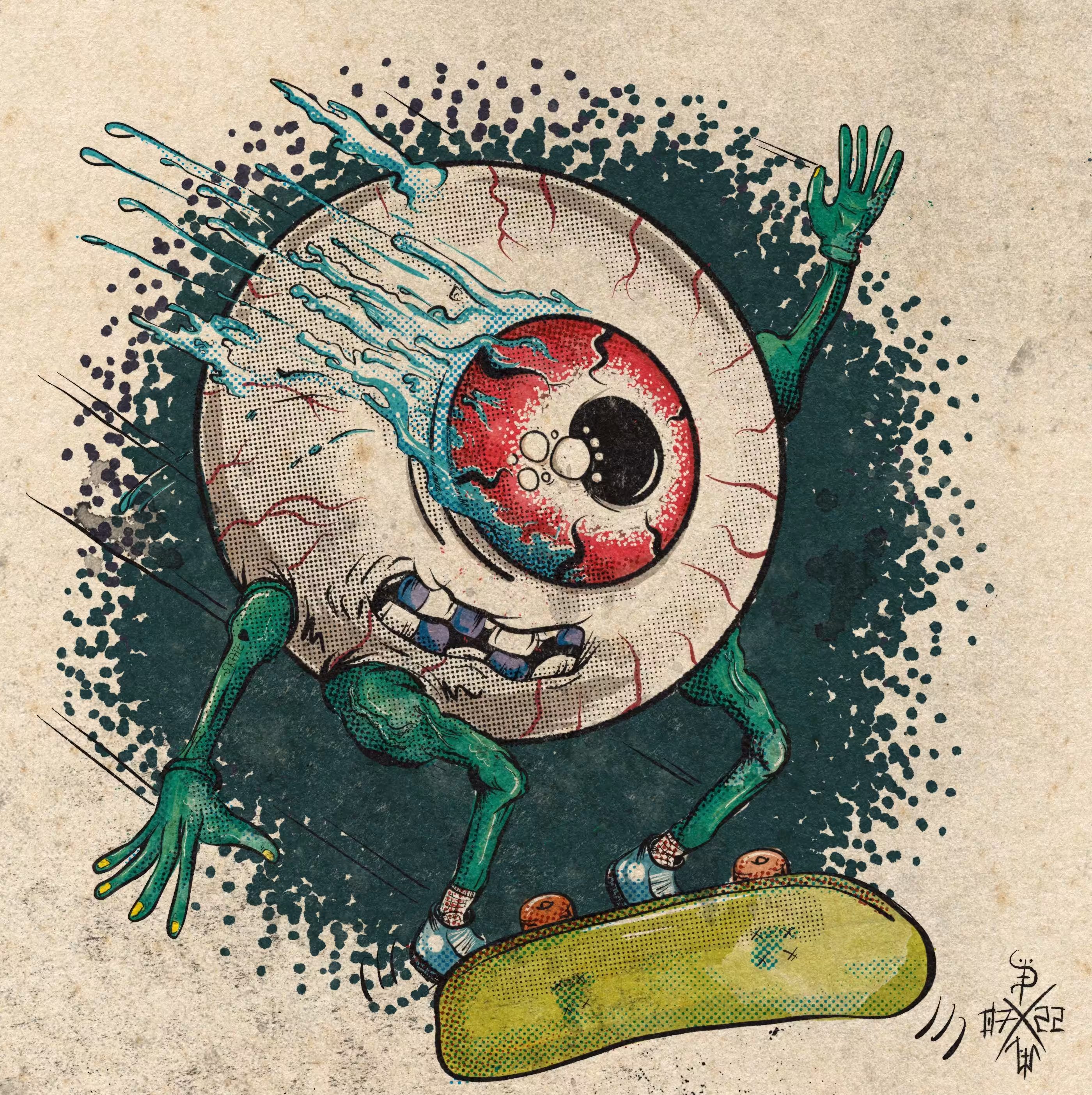 Red eyeball doing a kickflip