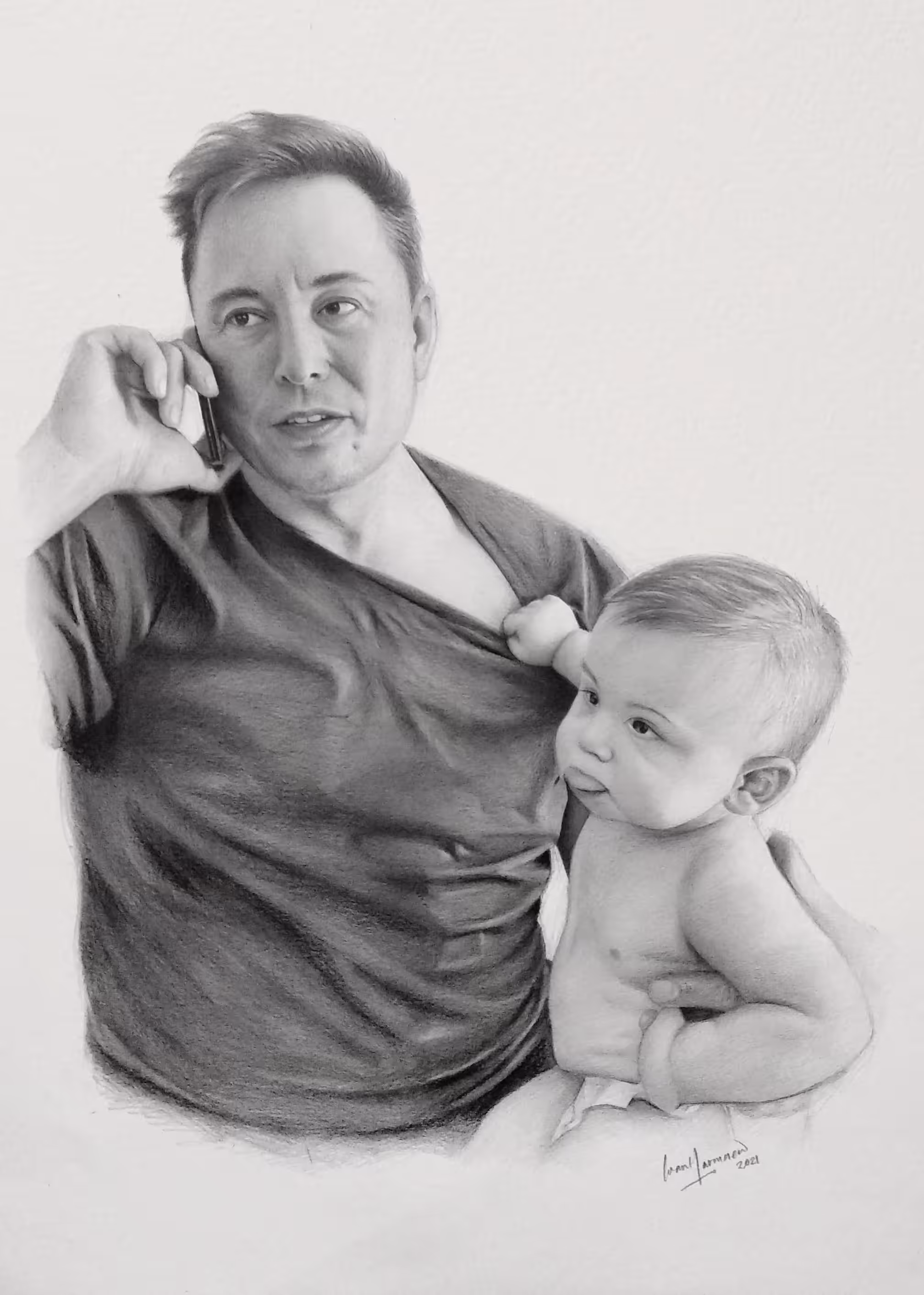 PENCIL DRAWING ELON MUSK AND SON WITH PHONE ON PAPER 