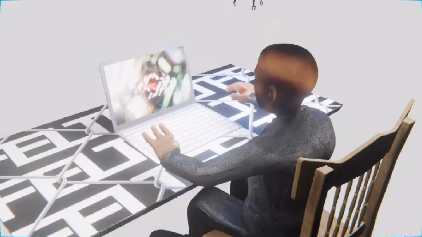 Desktop #294: The Business in the French Wood Chair With a Drone and a Algo Lite Macbook on a Barbed Wire Table in The Void