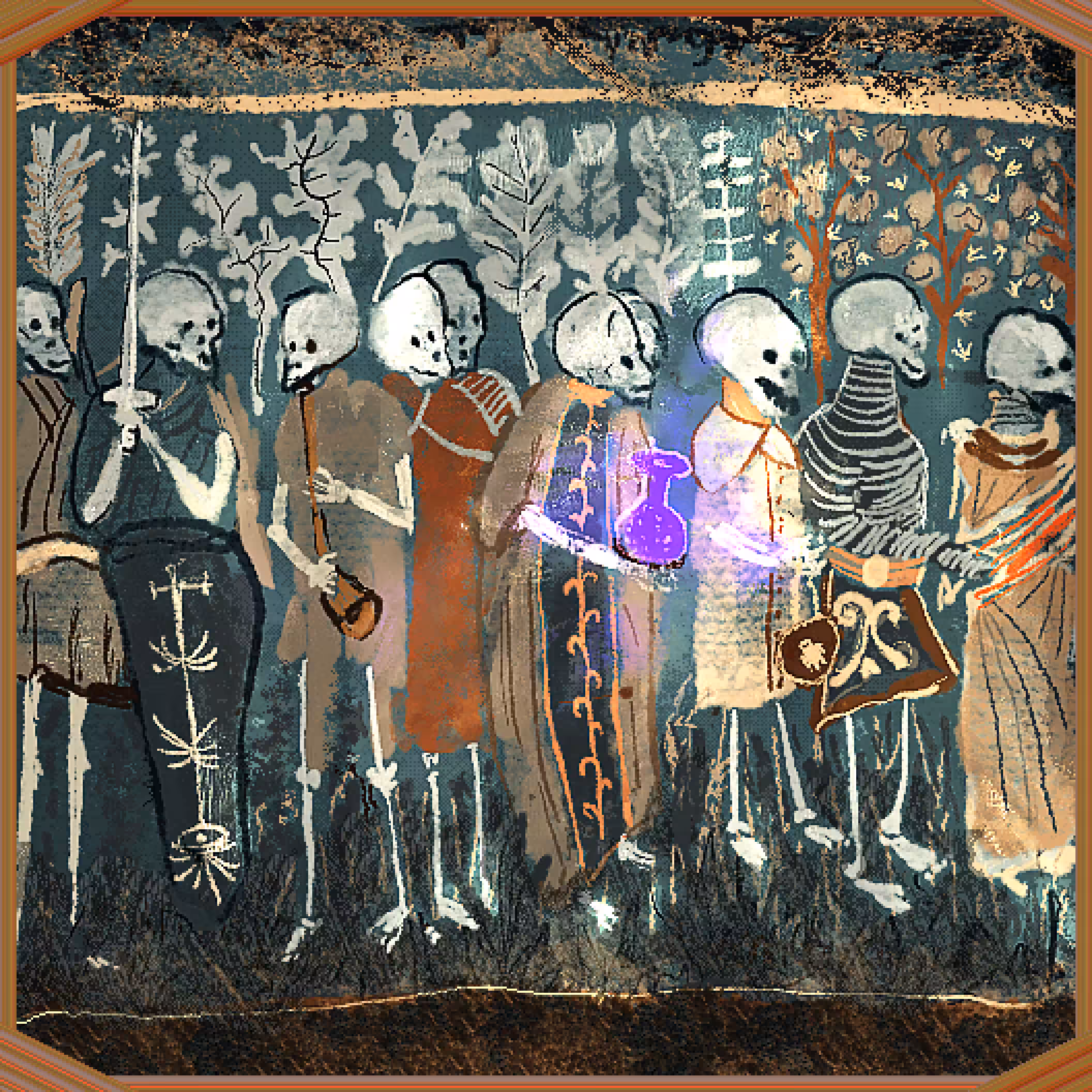 Ten skeleton warriors in line holding gifts