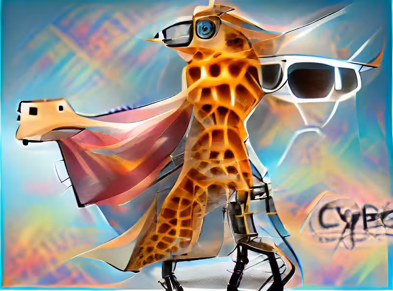 Abraham's First Works: cybernetic giraffe with sunglasses and a beautiful flowing cape