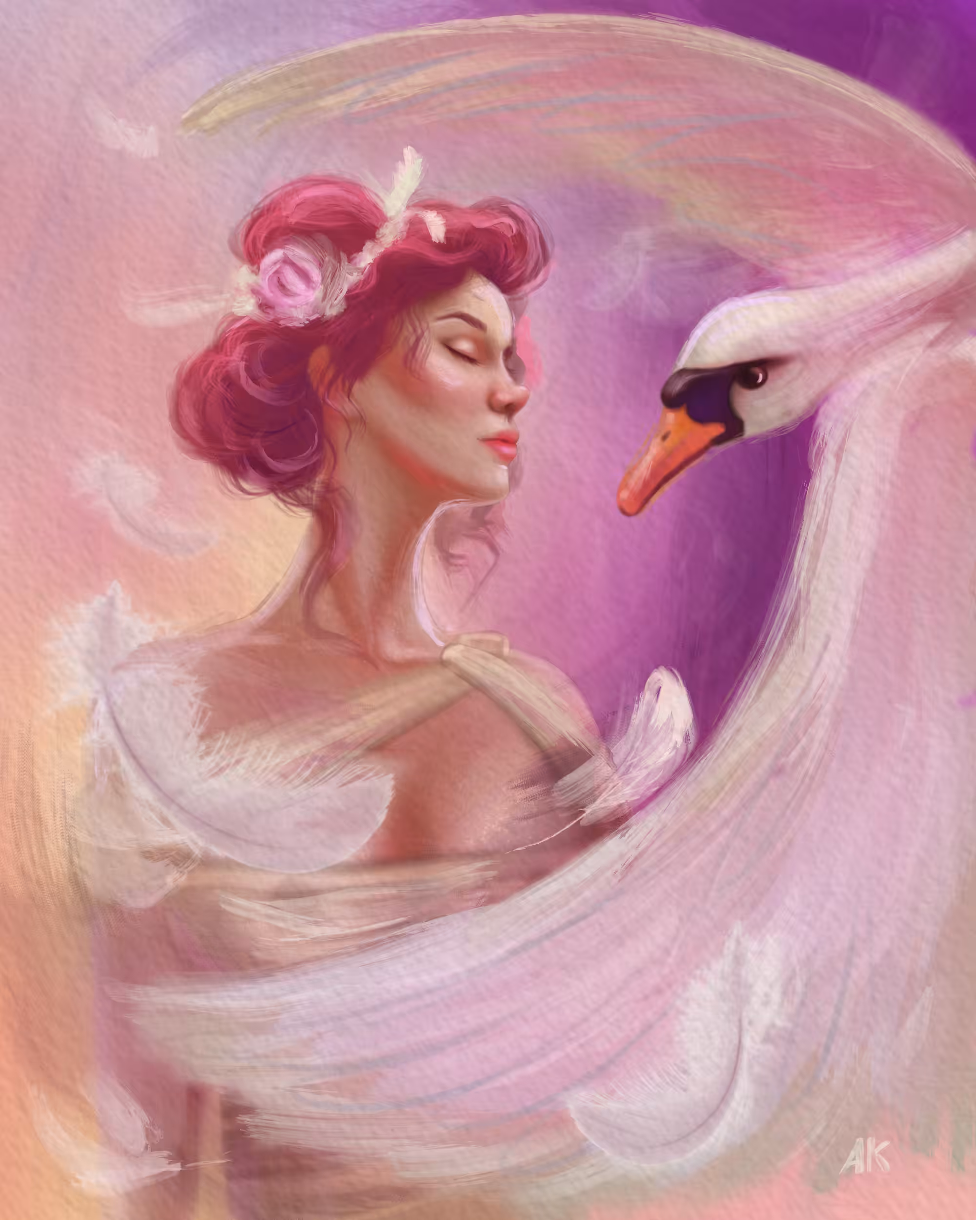 A girl and a swan. The beauty of nature
