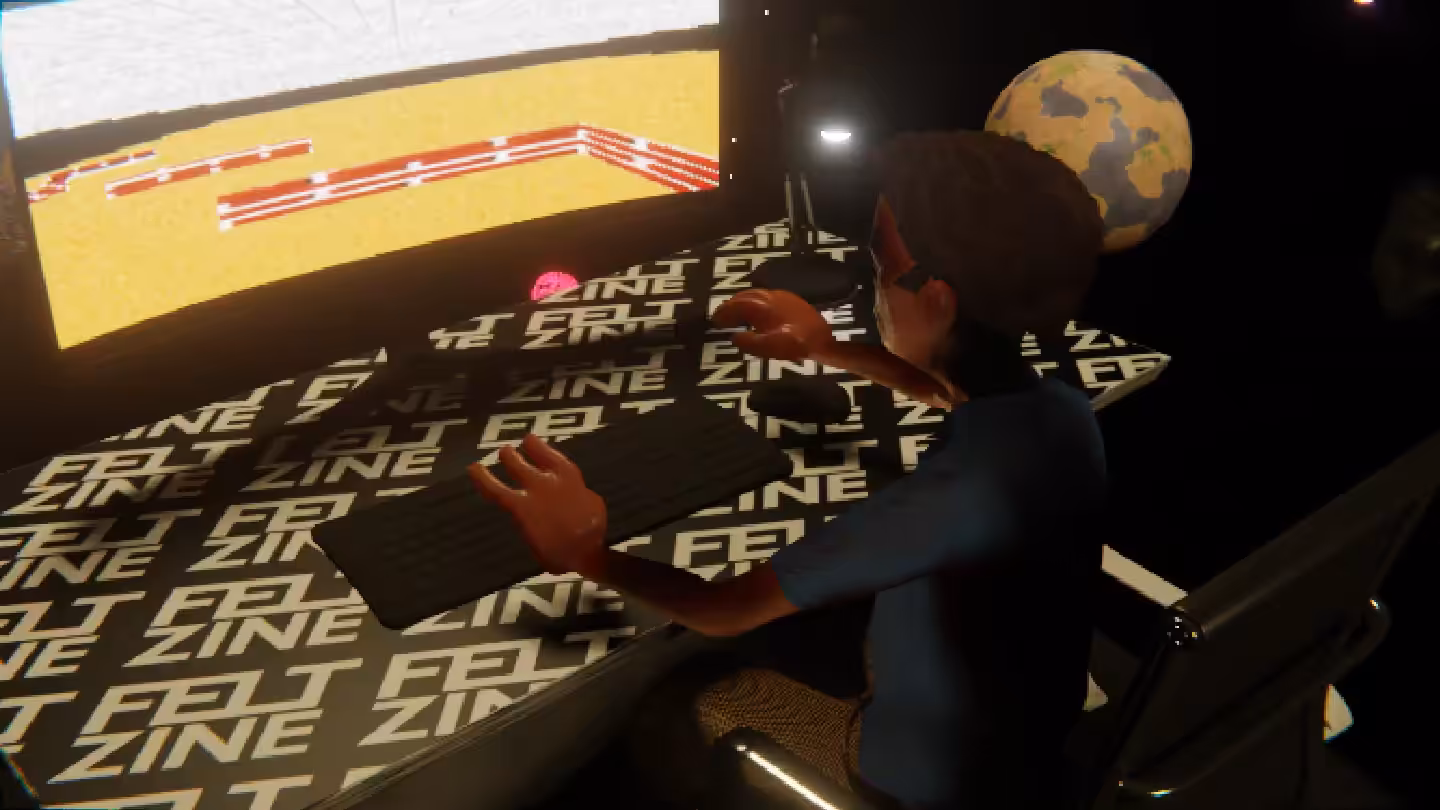 Desktop #33: The Developer in the Black Slim Chair With a Desk Lamp and a Maze Monitor on a Felt Zine Table in Space