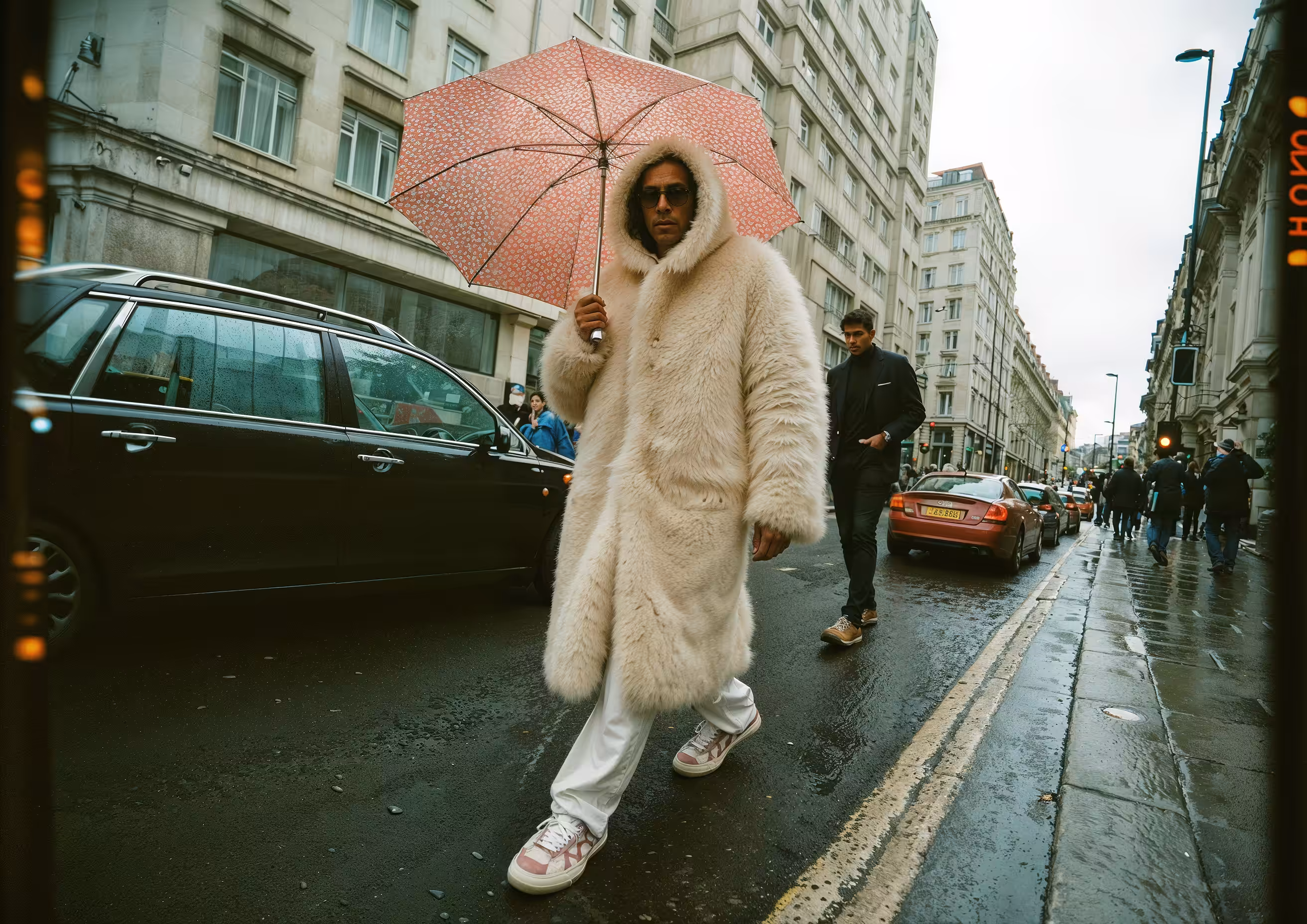 A fur coat, a pink umbrella, and no apologies.
