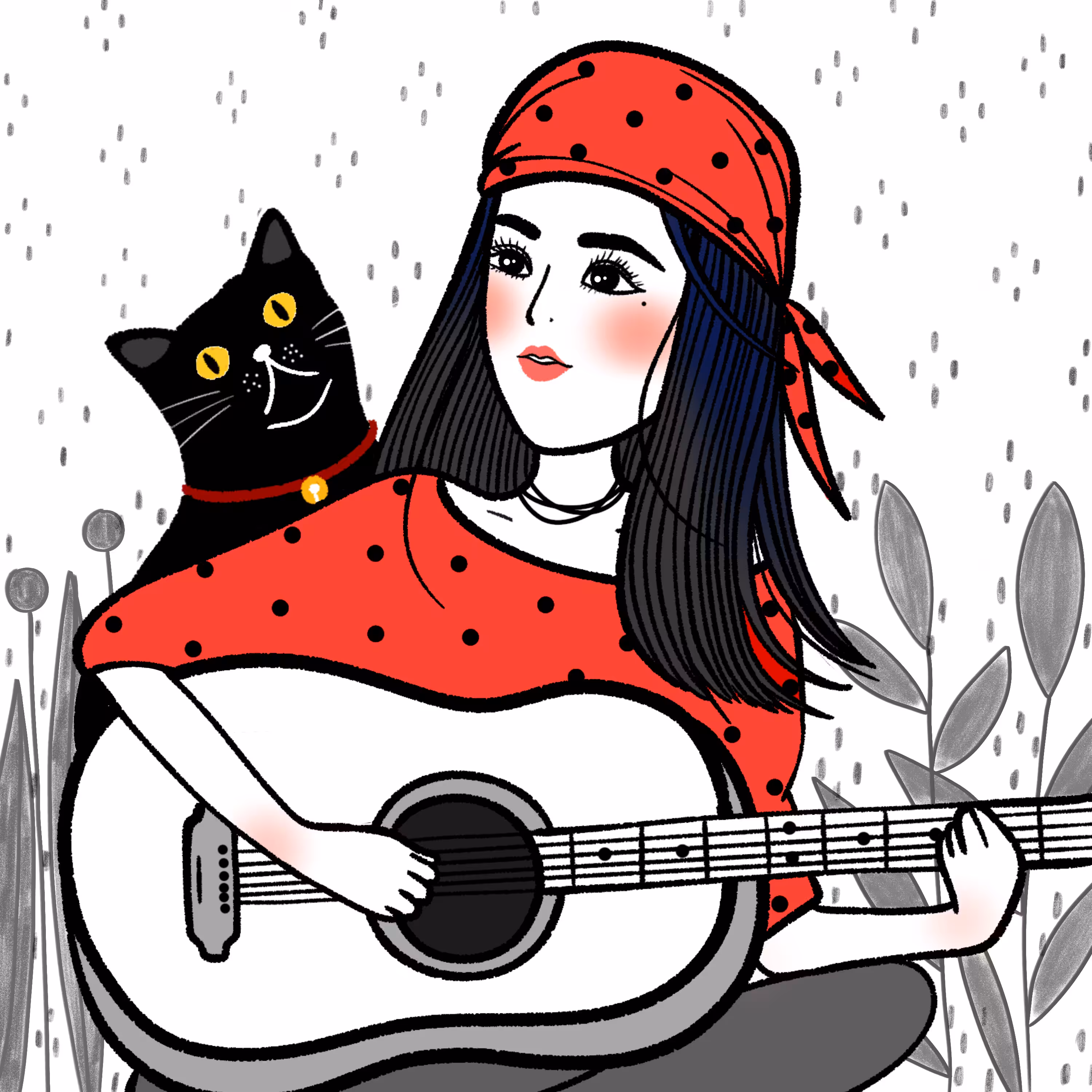 A street black cat & girl in red. (Ver.2)
