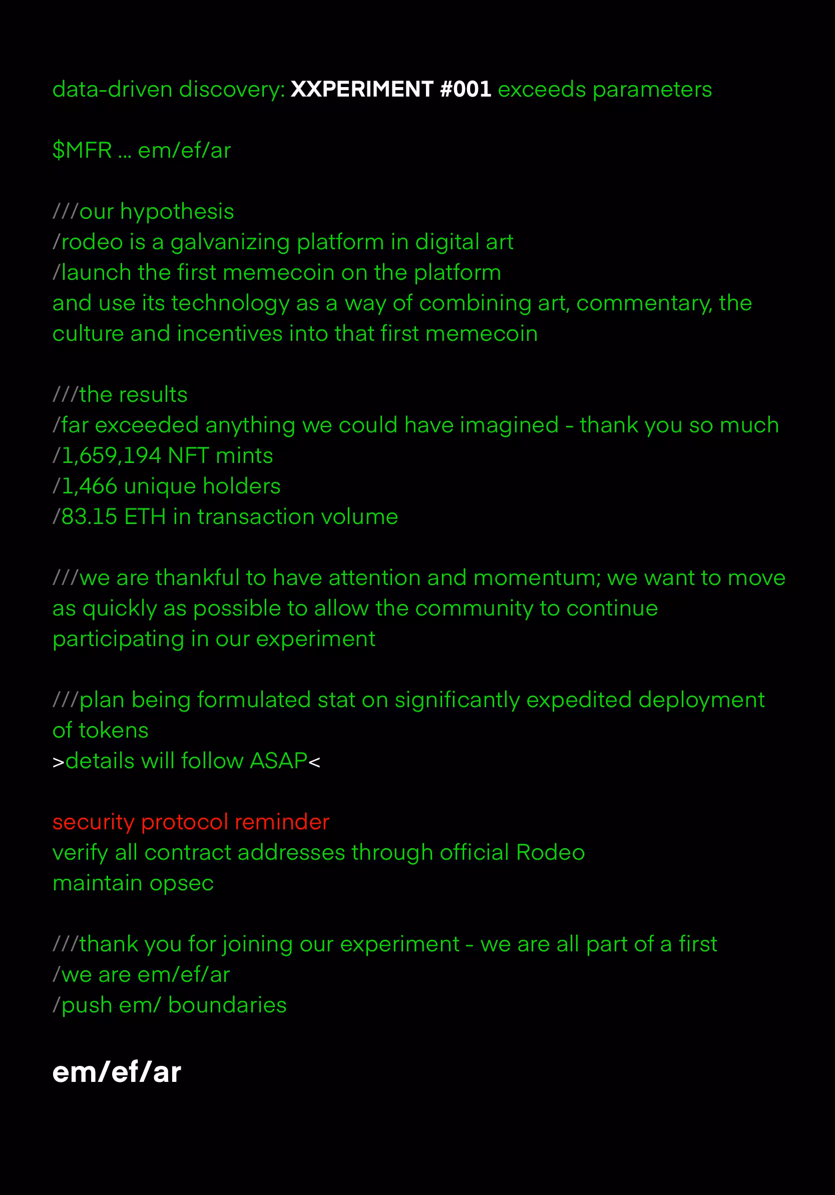 XXPERIMENT #001  <Message 001>