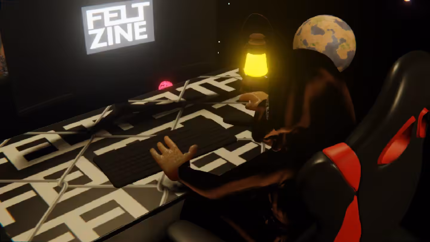 Desktop by Felt Zine: Desktop #141: The Guru in the Gaming Chair With a Gas Lamp and a Old School Monitor on a Barbed Wire Table in Space