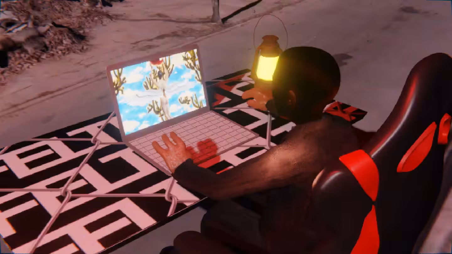 Desktop #325: The Business in the Gaming Chair With a Gas Lamp and a Gardens Monitor on a Barbed Wire Table in Conflict