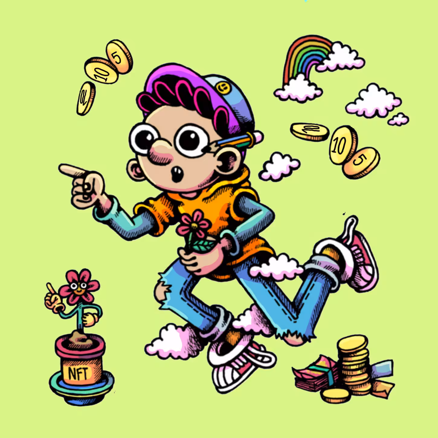flying going out to nft with boy and flower