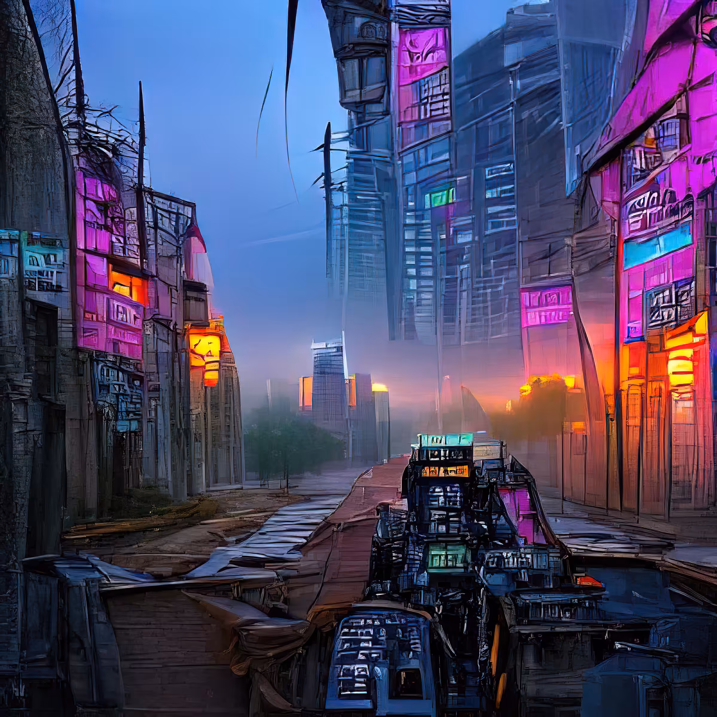 streets of cyberpunk city at dawn wPF77Arch002OPNbF8BP