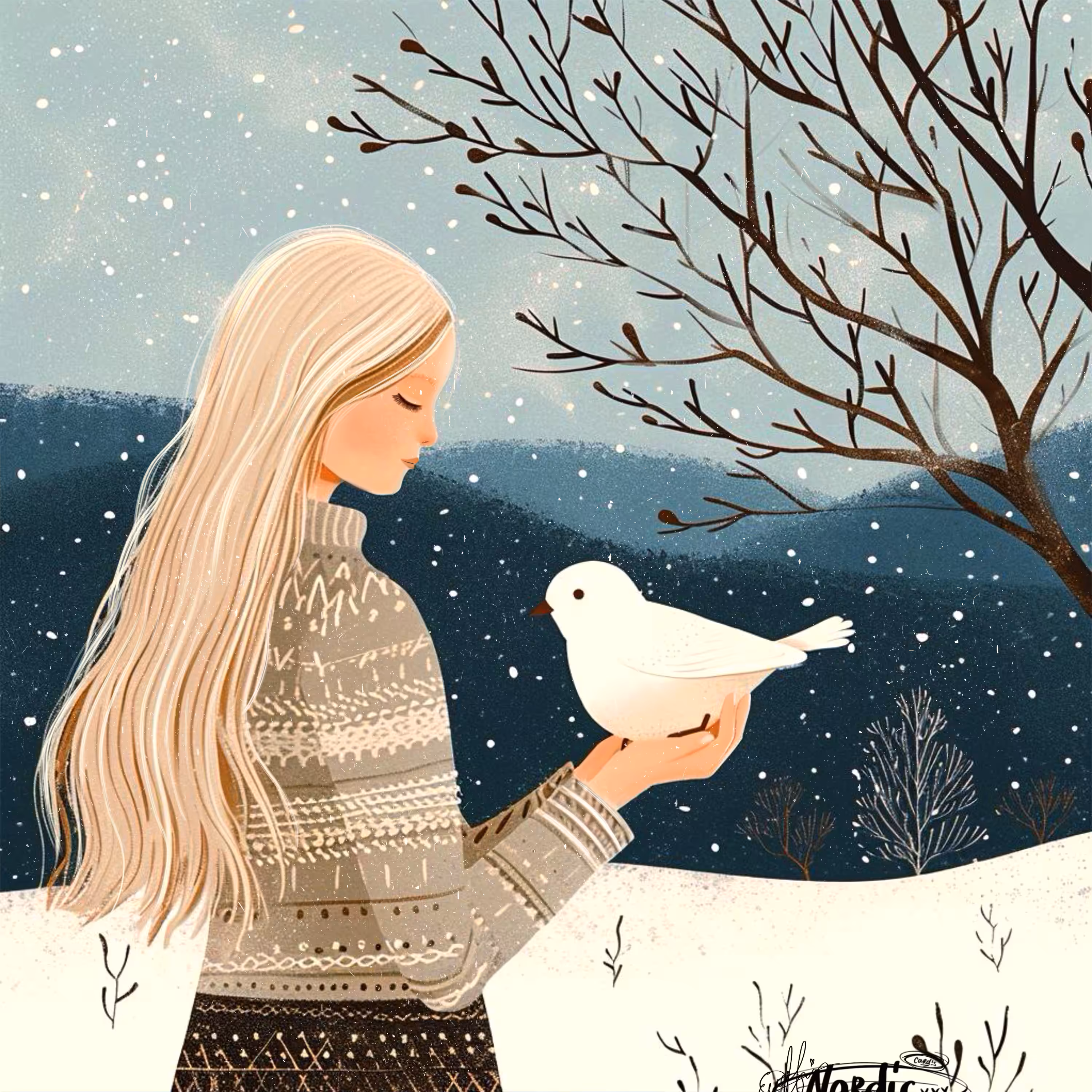 Nordic cards: Nordic white bird 