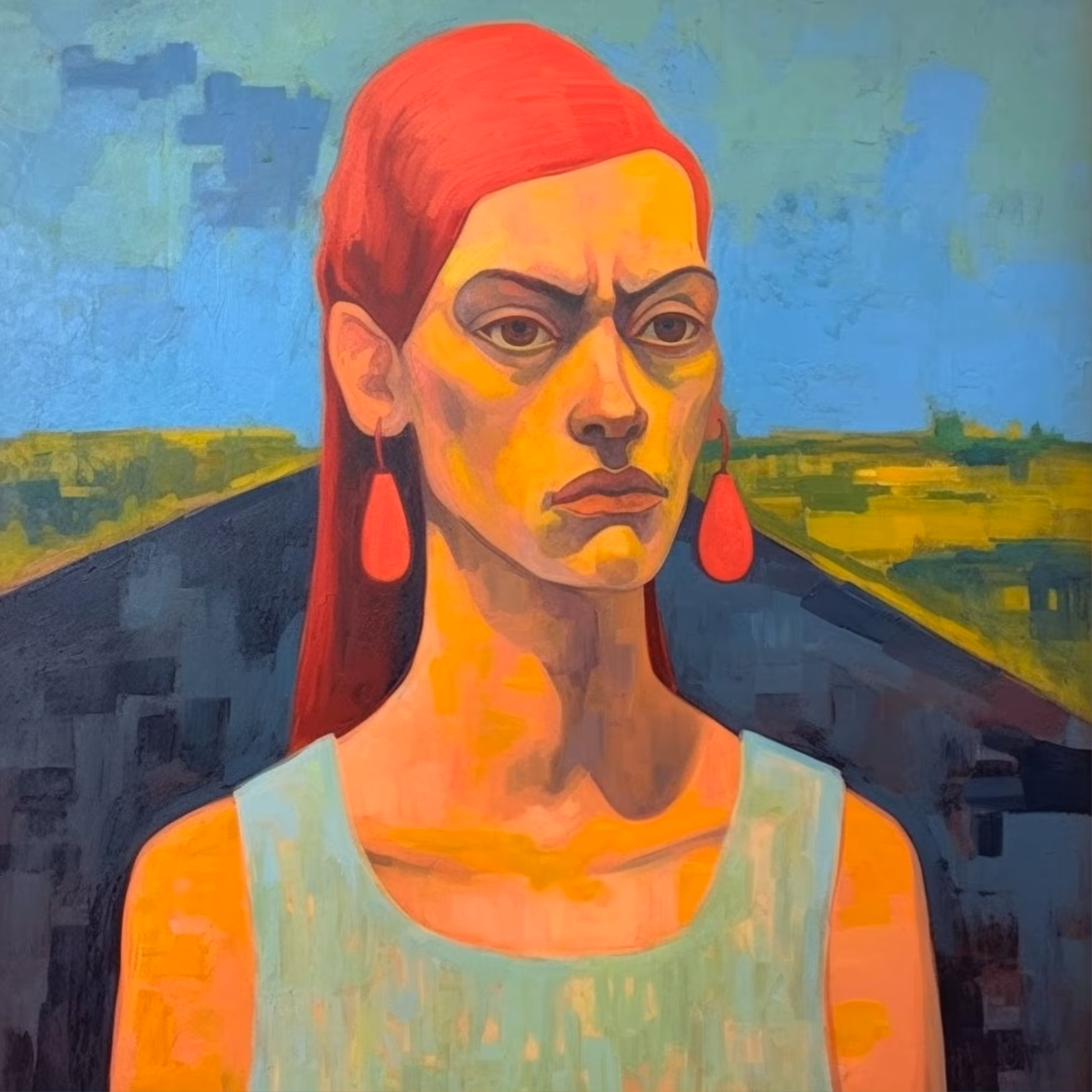 Redhead woman lost in the field