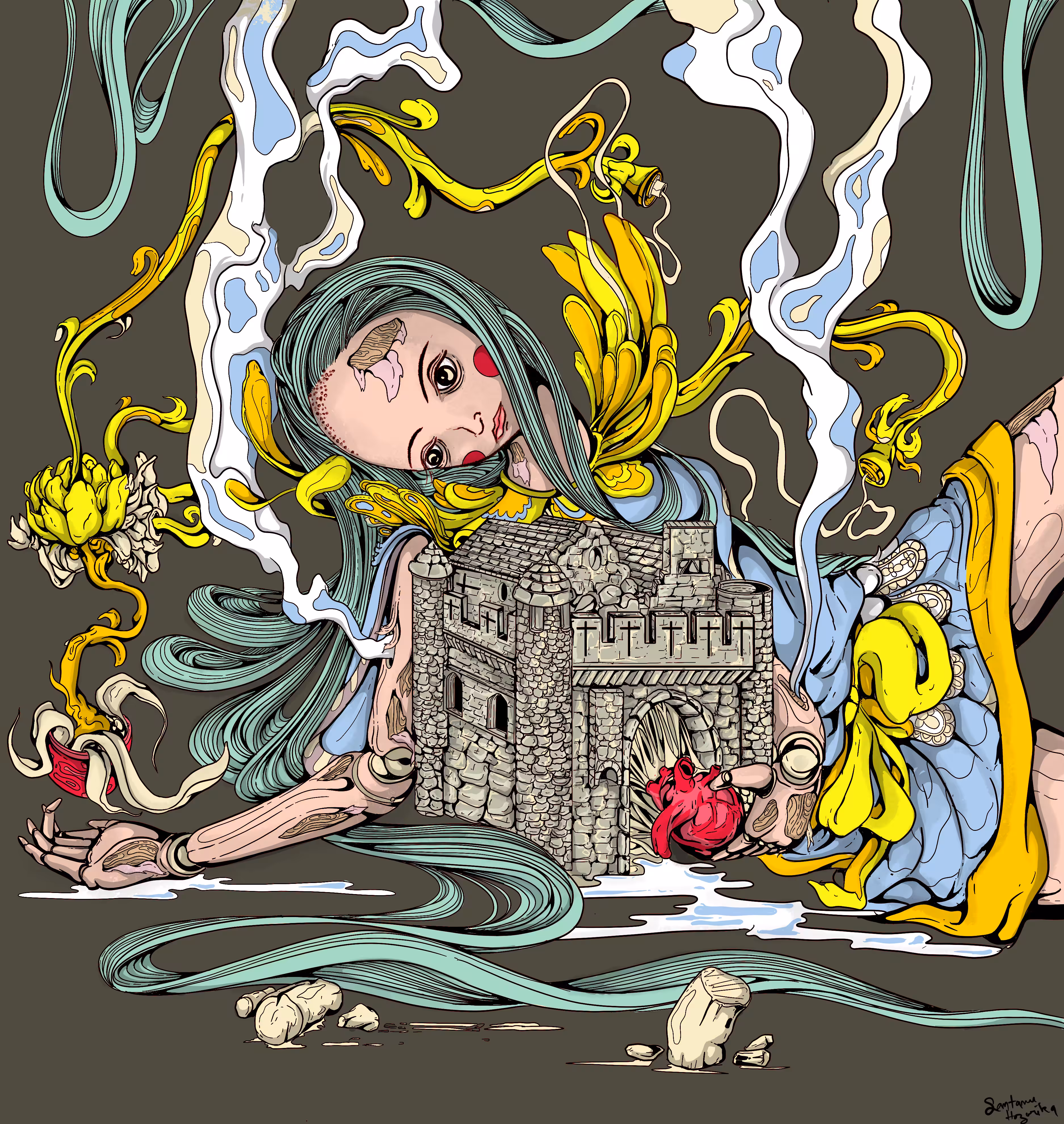 Doll , castle and charcoal