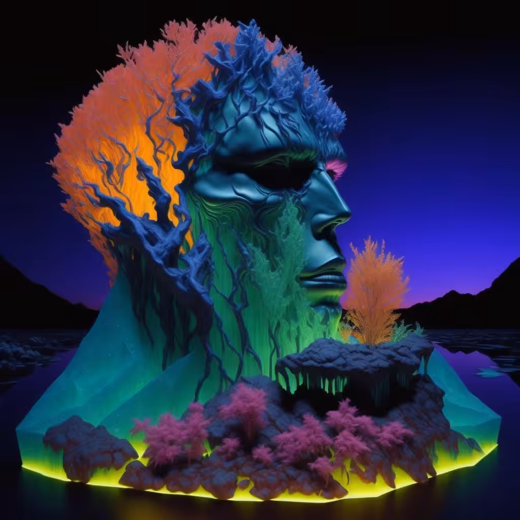 Verdant Vision: Head Sculpture with Colored Trees and Crystal