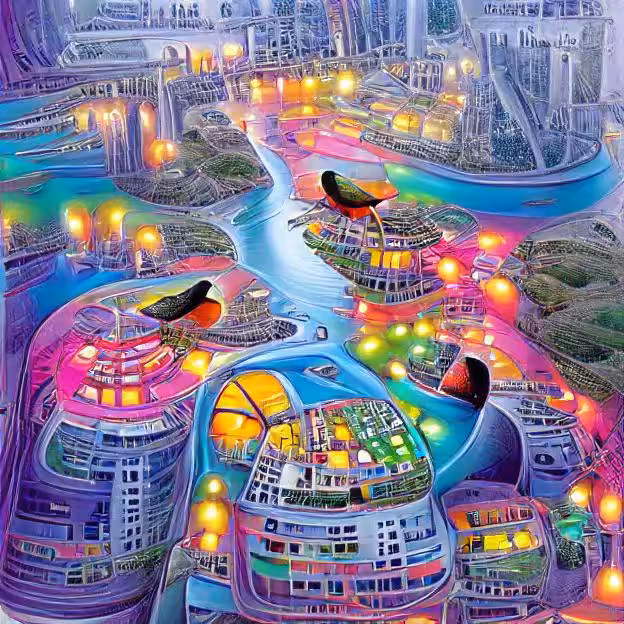Birds-eye View of Futuristic City on River 01