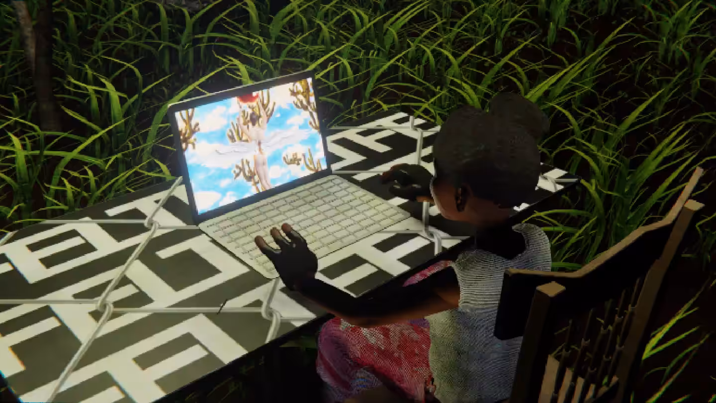 Desktop #203: The Military Brat in the French Wood Chair With a Hanging Light and a Gardens Monitor on a Barbed Wire Table in The Forest