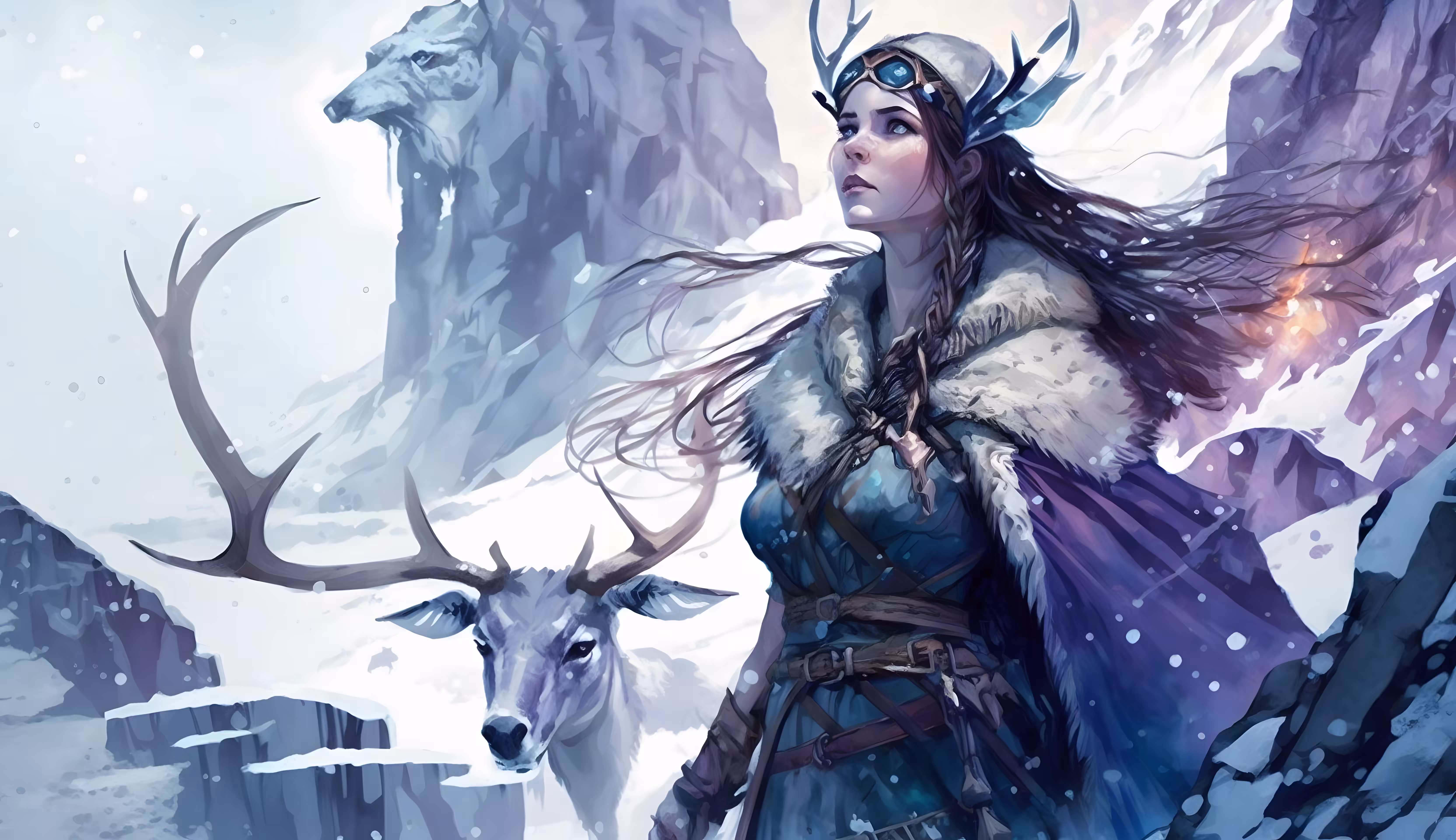 "Divine Pantheon: Norse Gods and Goddesses.": "Wilderness Queen: Skadi and Her Majestic Reindeer Companion"