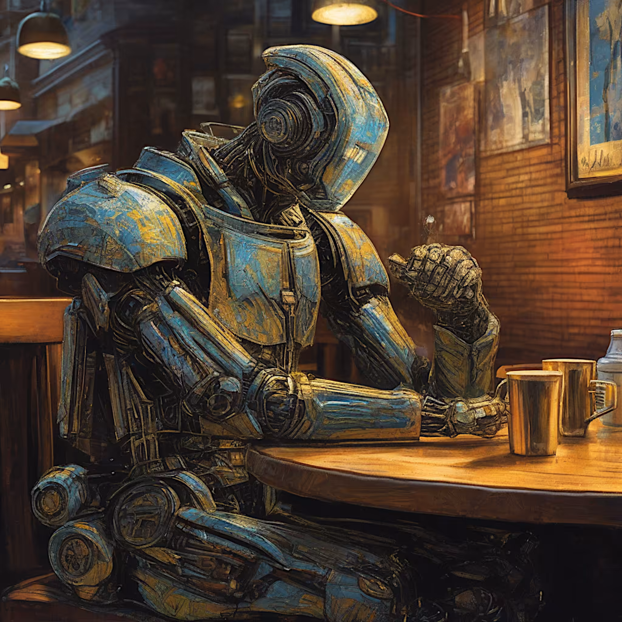 "Orion's Coffee Break: A moment of calm amidst the hustle and bustle of the city"