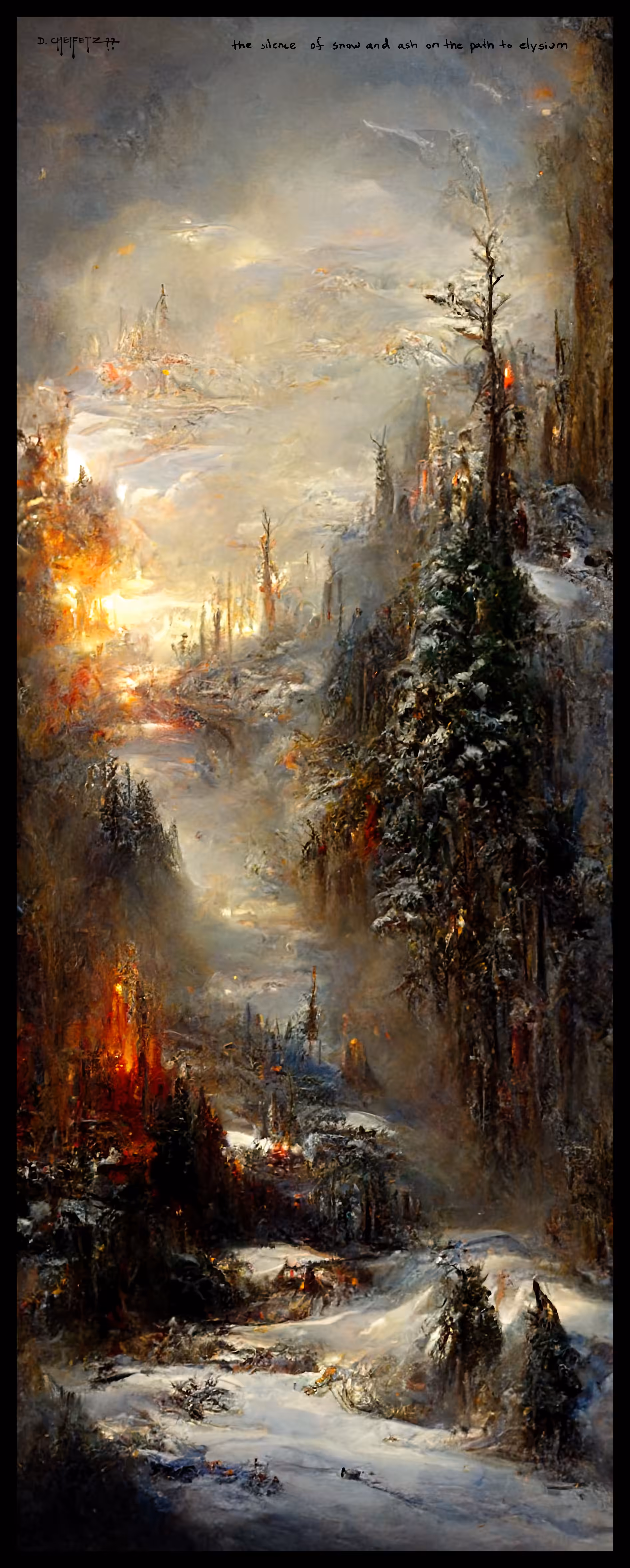 the silence of snow and ash on the path to elysium