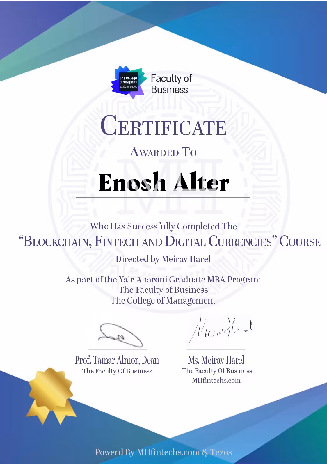 Graduation Diploma of "Blockchain, Fintech & Digital Currencies" Course 