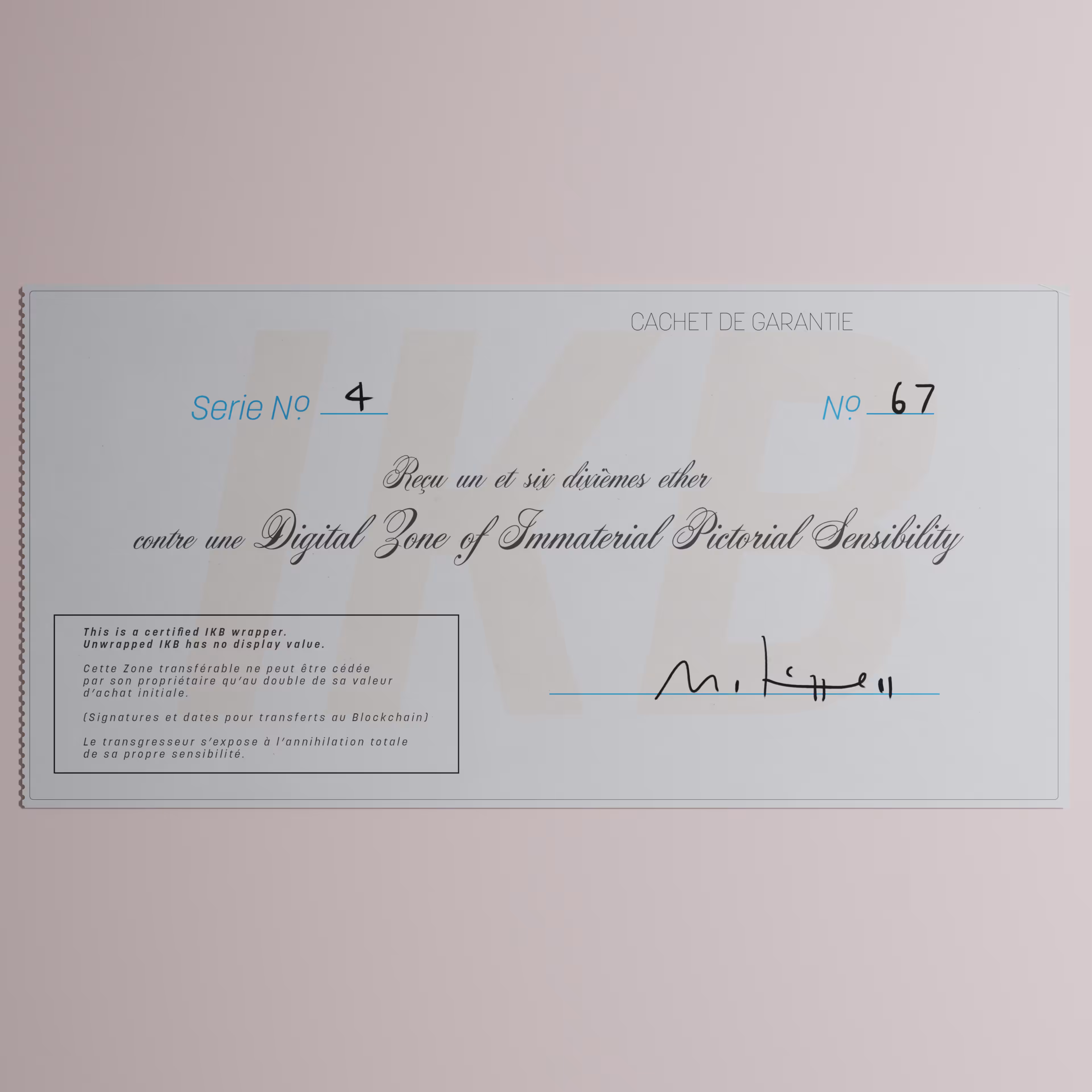Digital Zone of Immaterial Pictorial Sensibility, Series 4, Edition 67. (Wrapped)