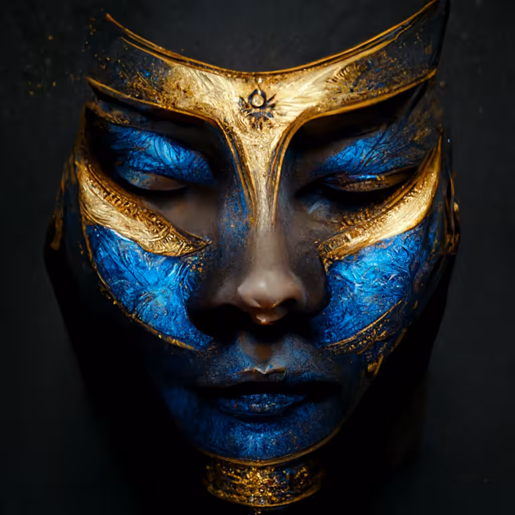 Psychedelic Art: White and gold mask with blue energy going through